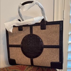 Tory Burch Beige Felt Tote with Dark Brown Croc-Embossed Trim